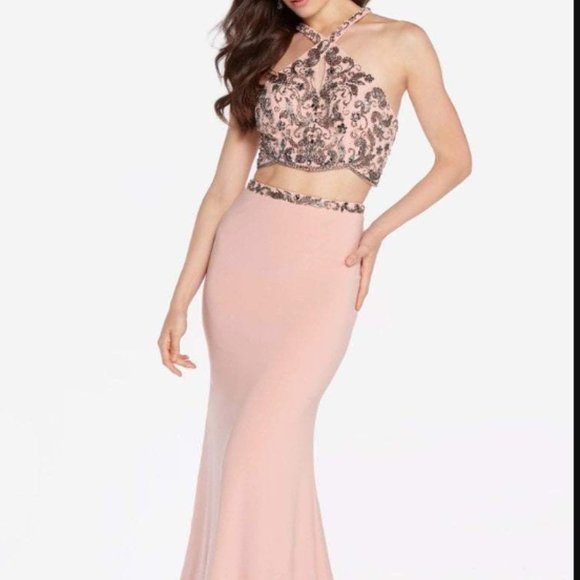 Alyce Paris Dresses & Skirts - NWT ALYCE PARIS BEADED CROSS HALTER CROPTOP TWO-PIECE GOWN